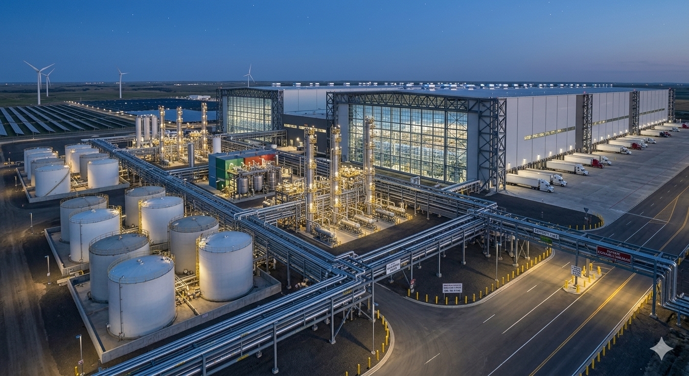 Manufacturing and process facility environment showing connected storage and operating systems.