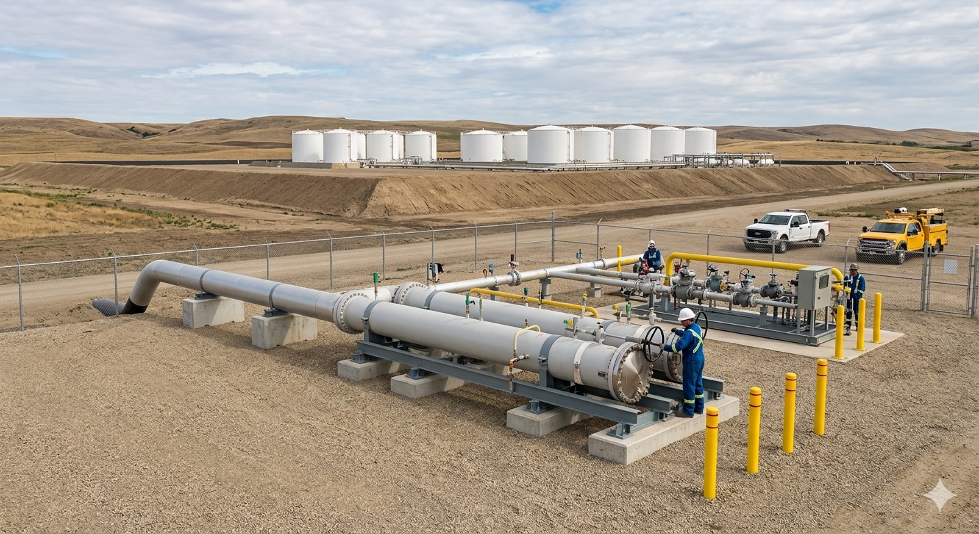 Midstream pipeline and terminal environment with tanks and connected pipeline infrastructure.