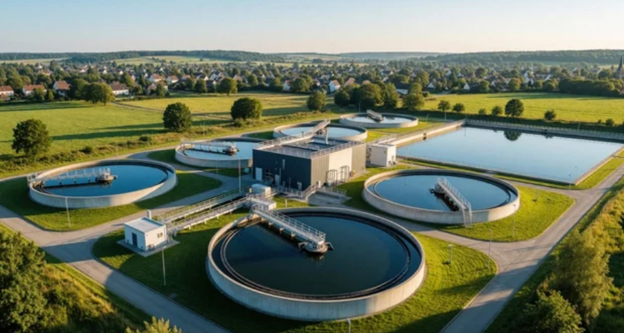 Water and wastewater infrastructure environment with storage and treatment systems.