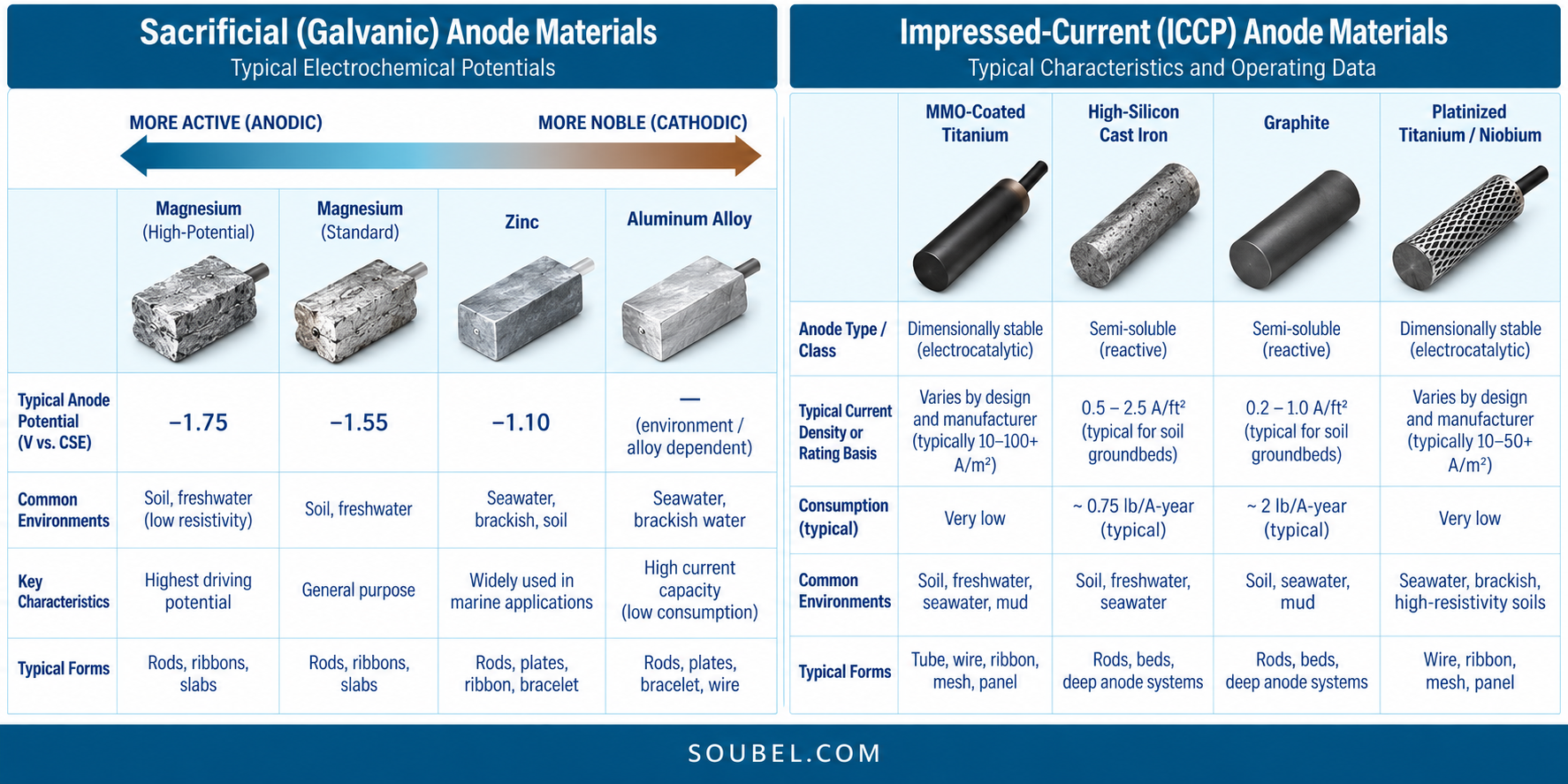 Comparison of sacrificial galvanic anode materials and impressed-current cathodic protection anode materials