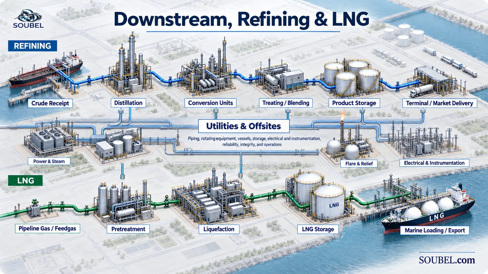 SOUBEL downstream, refining and LNG system overview showing separate refining and LNG process pathways with shared utilities and offsites.