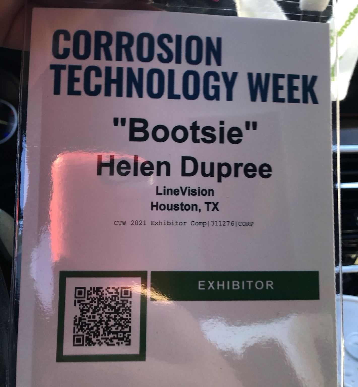 Corrosion Technology Week exhibitor badge from Helen M. Dupree's professional archive