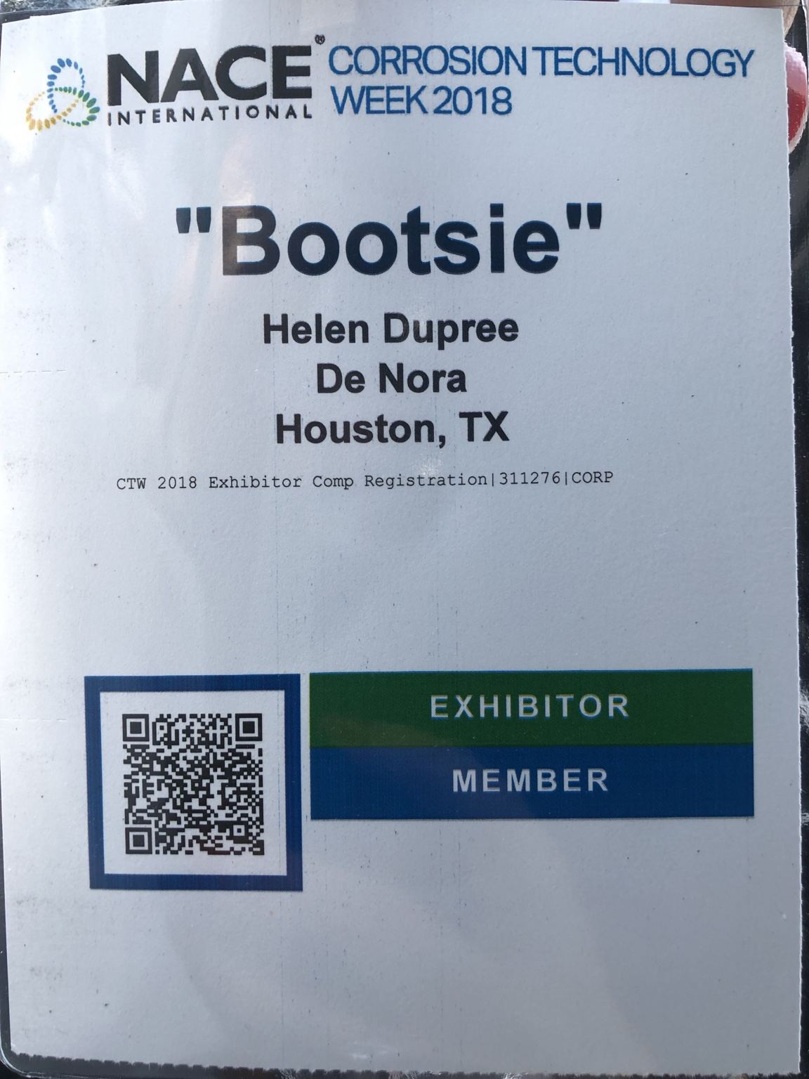 Corrosion Technology Week exhibitor badge from Helen M. Dupree's professional archive