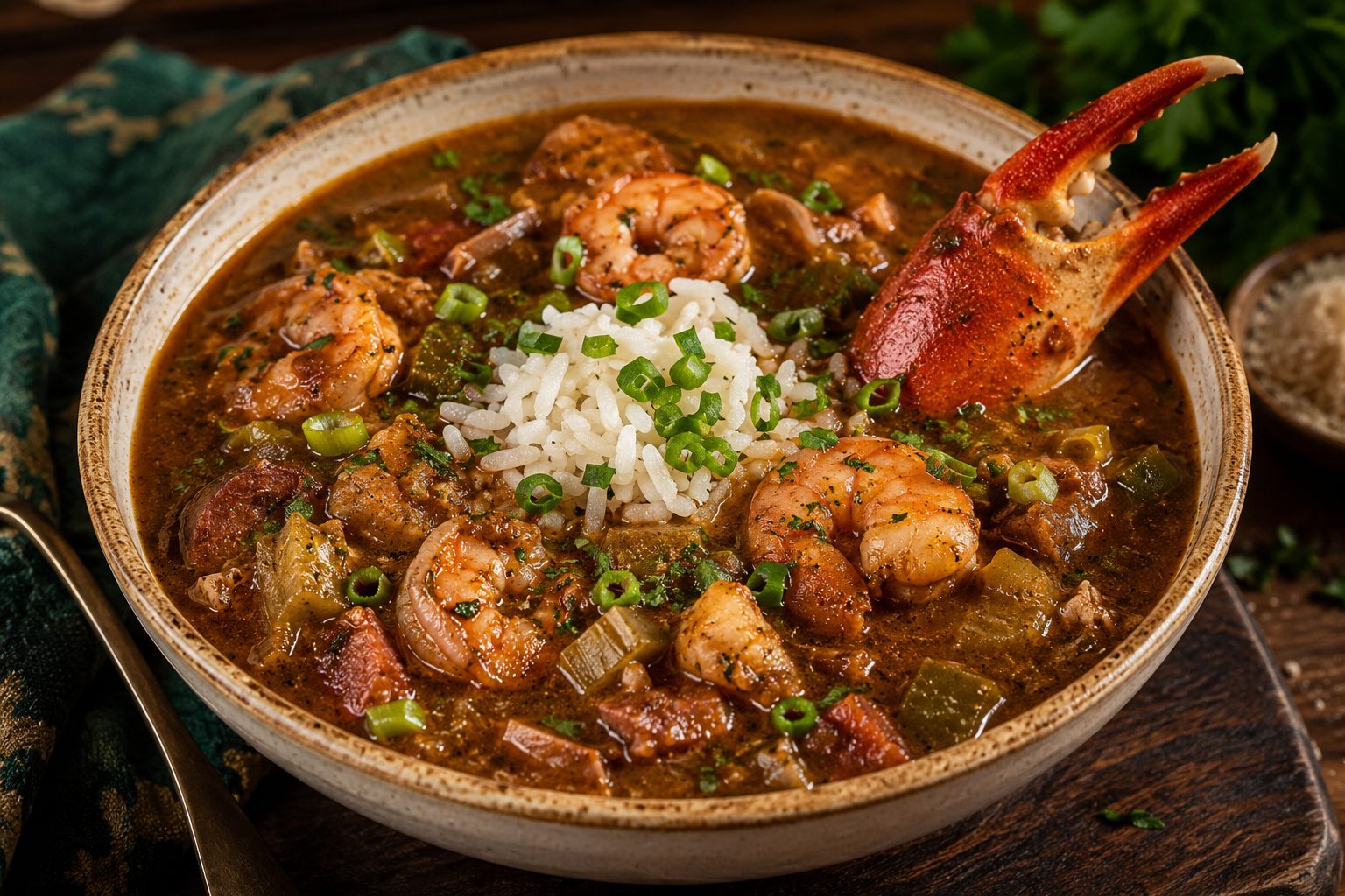 Louisiana seafood gumbo with shrimp, a red crab claw, and white rice.