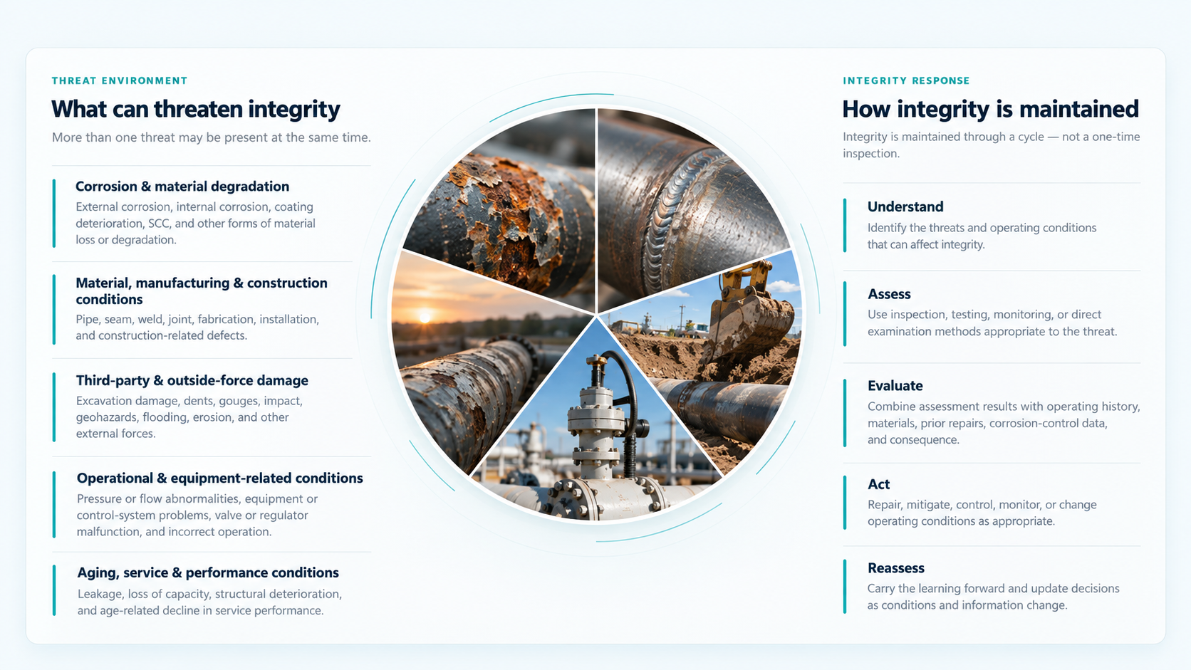Pipeline integrity threat environment and integrity response framework with a central industrial threat collage.