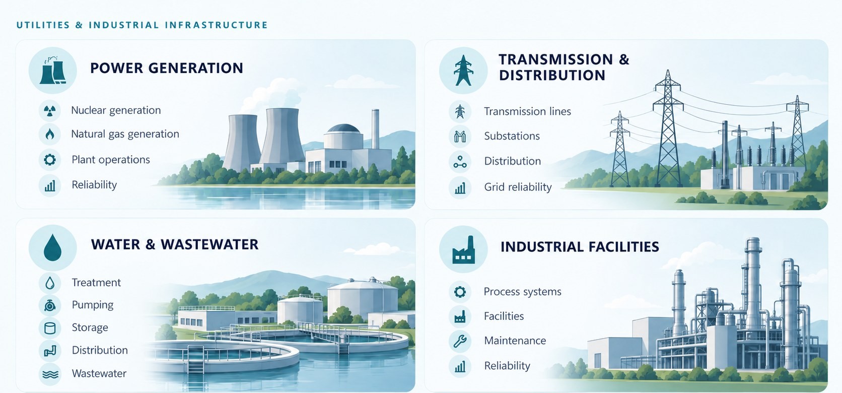 Illustrated overview of power generation, transmission and distribution, water and wastewater, and industrial facilities.