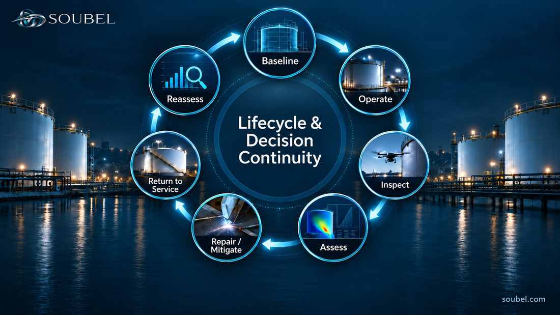 Lifecycle and Decision Continuity across baseline, operation, inspection, assessment, repair or mitigation, return to service, and reassessment.