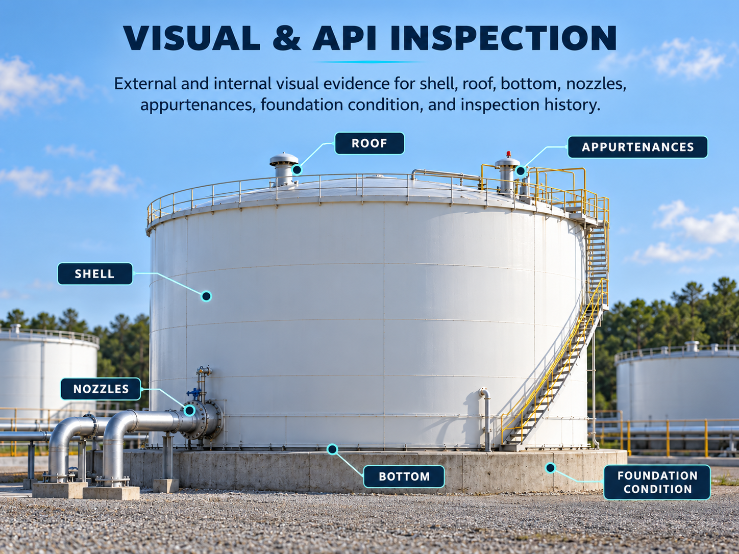 Daytime aboveground storage tank visual showing key inspection areas including shell, roof, bottom, nozzles, appurtenances, and foundation condition.