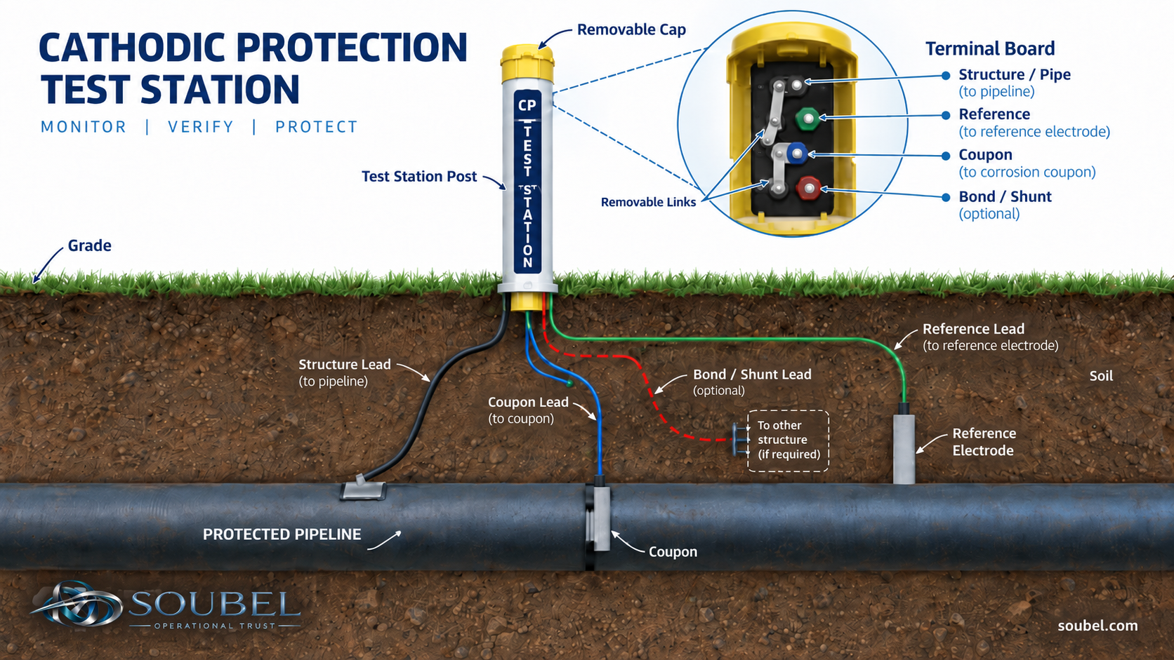 Conceptual cathodic protection test station connected to a buried protected pipeline