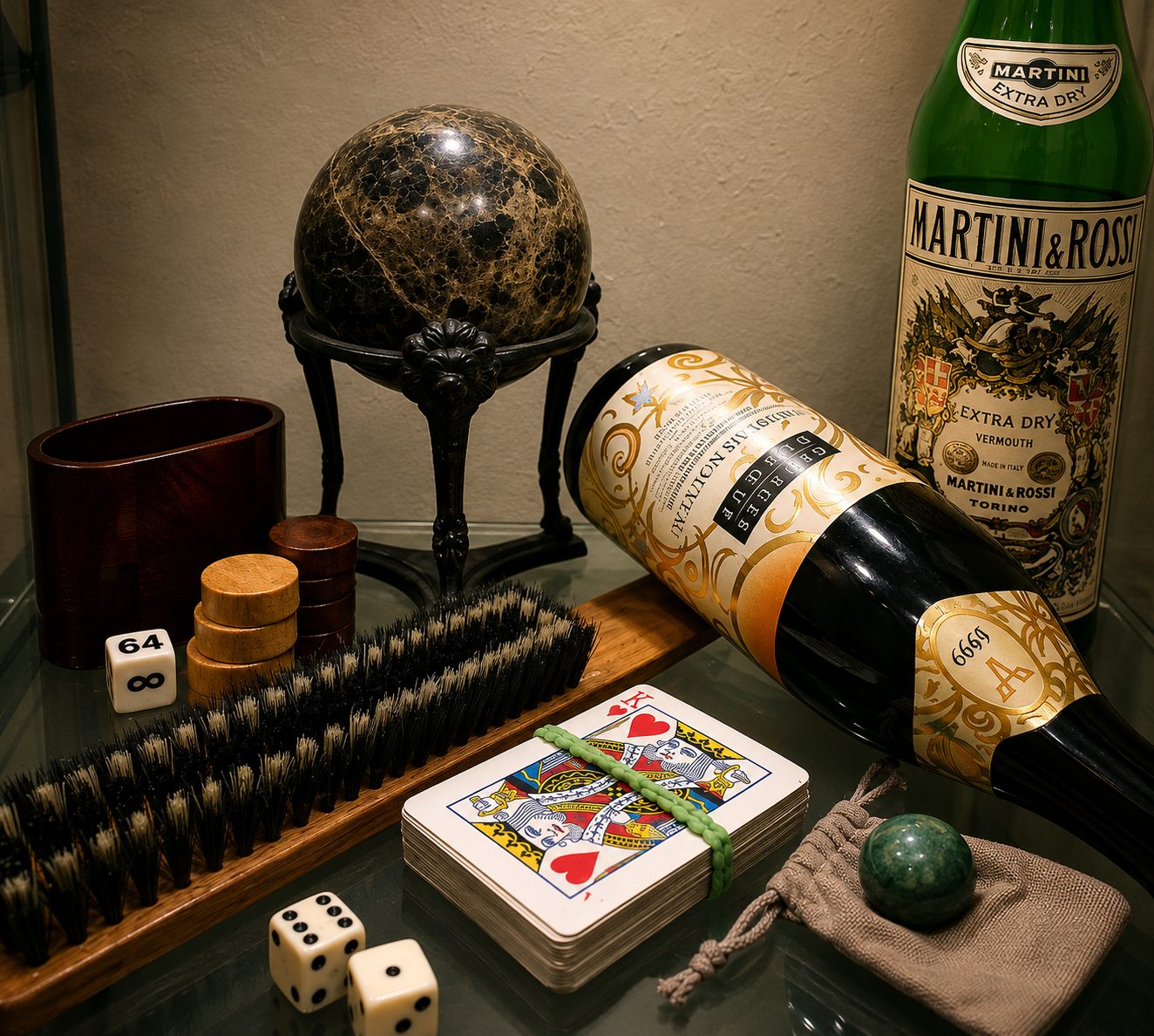 Restored still-life photograph accompanying Helen M. Dupree’s 2018 thought piece The Inheritance, showing playing cards, dice, a jade worry stone, coat brush, marble sphere, and bottles.
