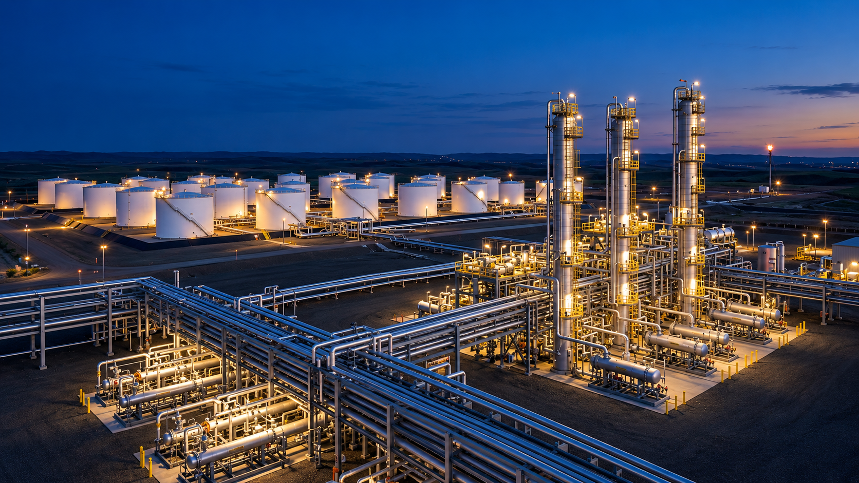 Photorealistic tank farm and process facility showing storage tanks, piping, transfer equipment, and processing systems at dusk.