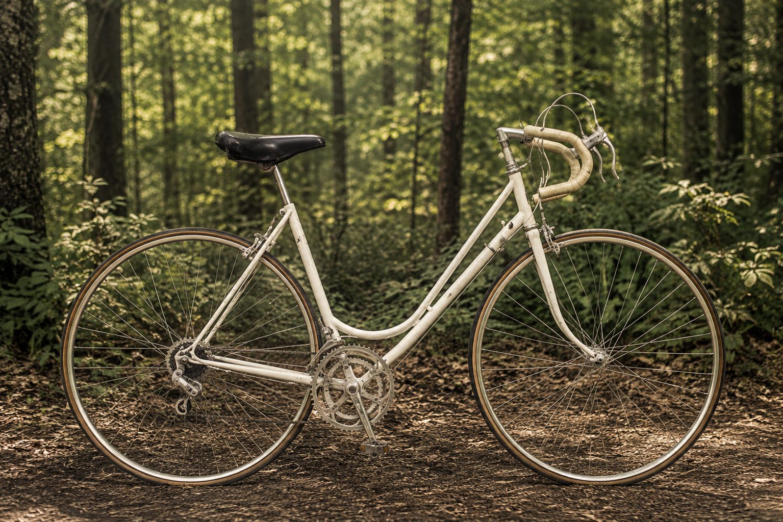 Vintage white step-through 10-speed bicycle in a green woodland setting.